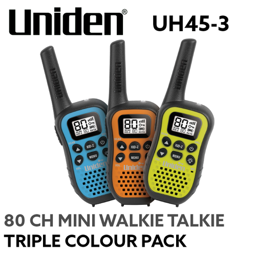 Uniden UH45-3 80 Channel UHF CB Handheld Radio w/ Kid Zone – Triple Colour Pack